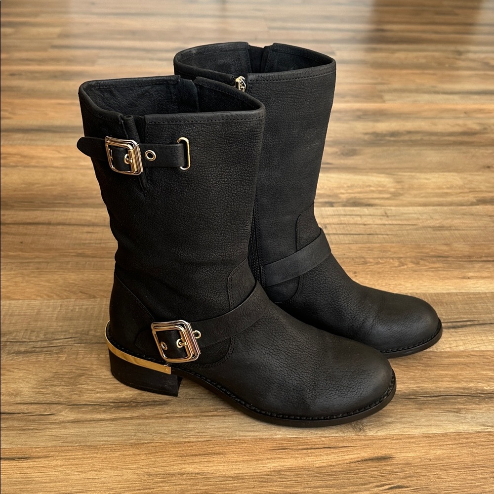 NEW Vince Camuto Women’s Matte Black Moto Leather Boots with Buckle Accents